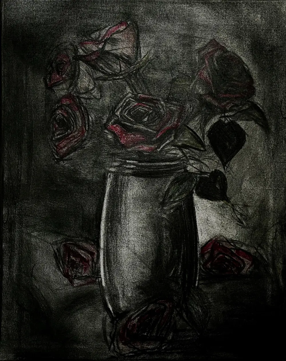 Charcoal drawing of roses in a glass jar, the blooms picked out in deep red against a near-black ground.