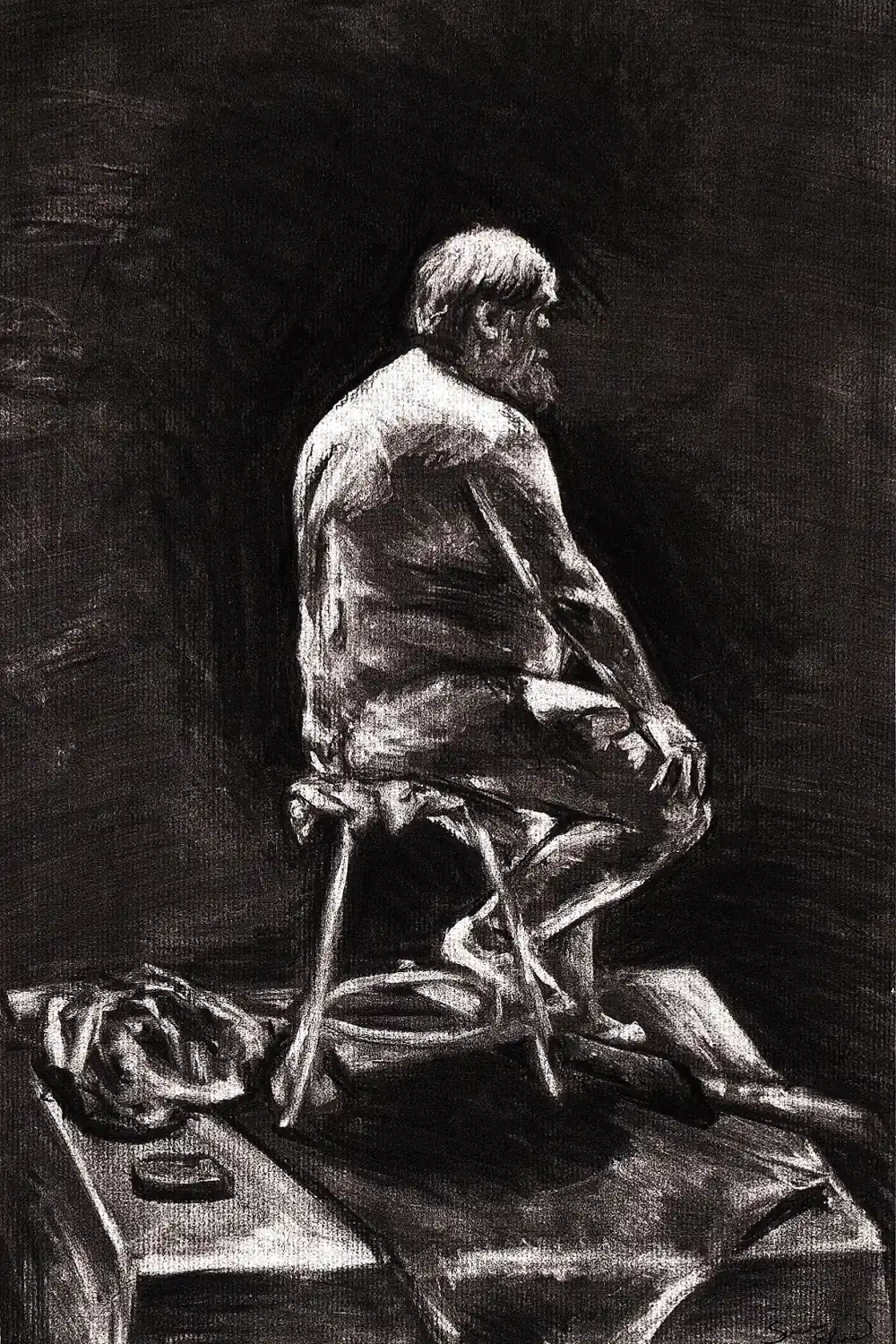 Charcoal figure study of a seated man on a stool, worked in heavy dark tone.
