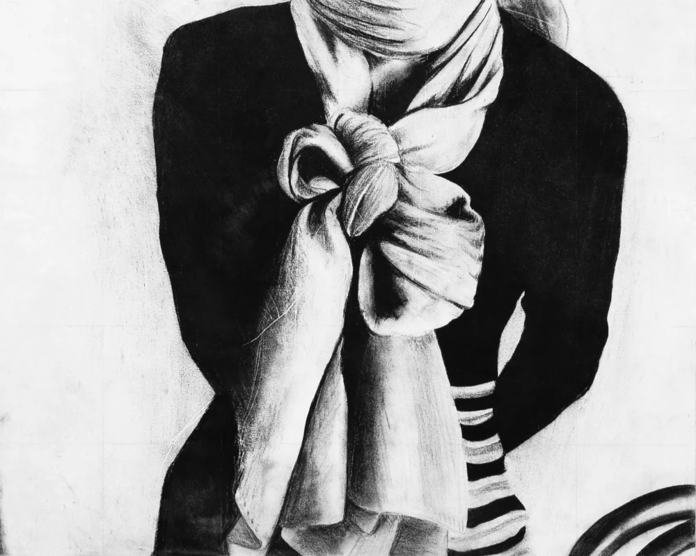 Charcoal study of a draped figure, the cloth knotted at the front against a striped ground.