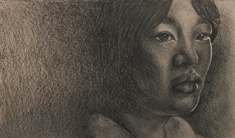 Charcoal portrait of a young woman, head and shoulders, worked in soft tone against a warm ground.