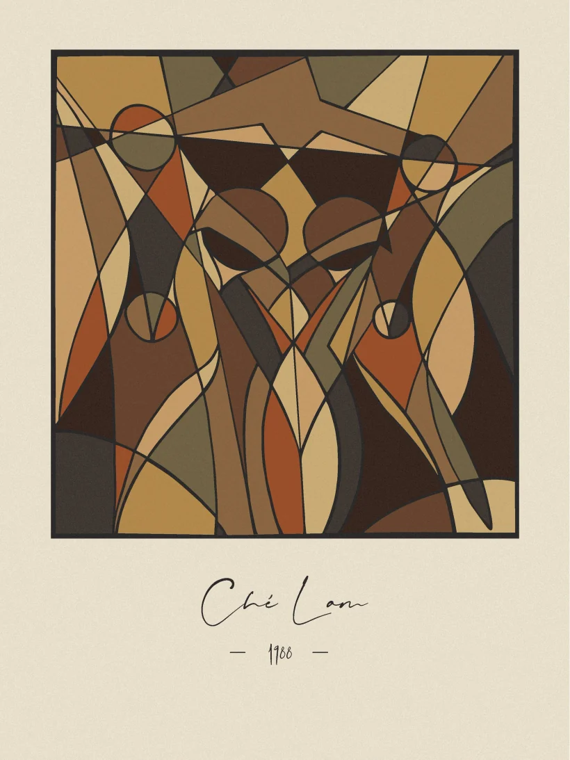 Cubist-style poster on a cream ground, faceted figures in ochre, rust and deep brown, signed below.