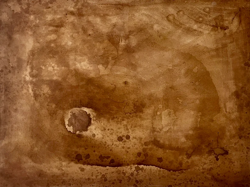 Abstract painting in rust and warm brown, heavily textured, with a small dark void near the centre.