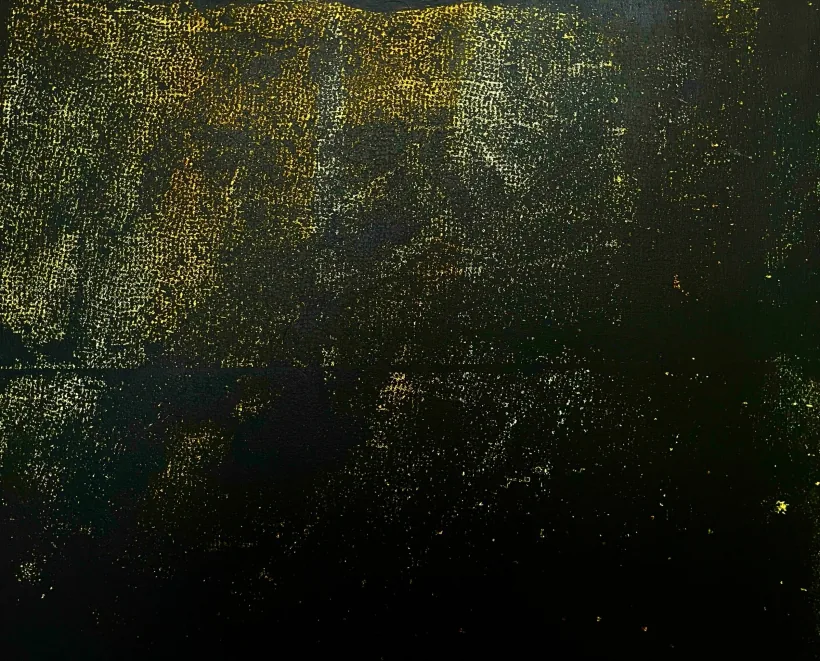 Abstract painting in deep green and gold, the surface flecked and worked like weathered metal.