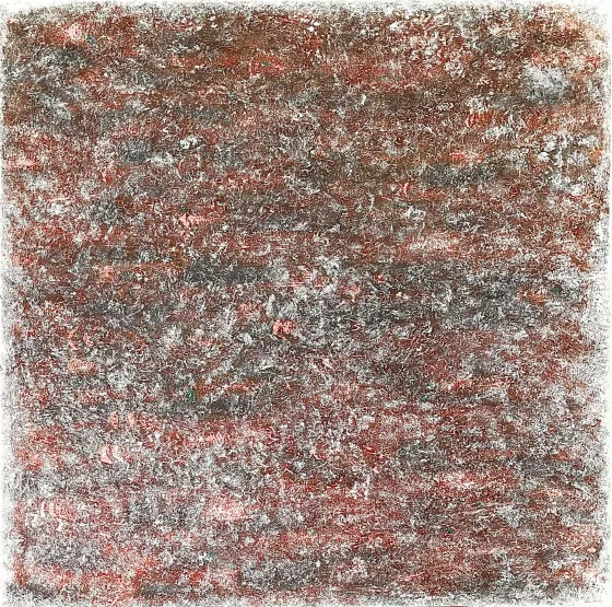 Abstract painting, a square field of mottled red and grey worked into a dense grain.
