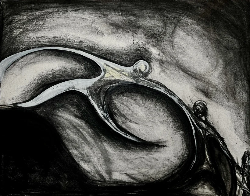 Charcoal study of a curved organic form and a hooked shape emerging from deep shadow.