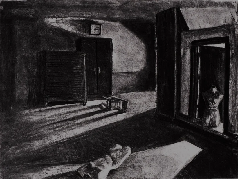 Charcoal interior, a dark room opening onto a lit doorway with a figure beyond it.