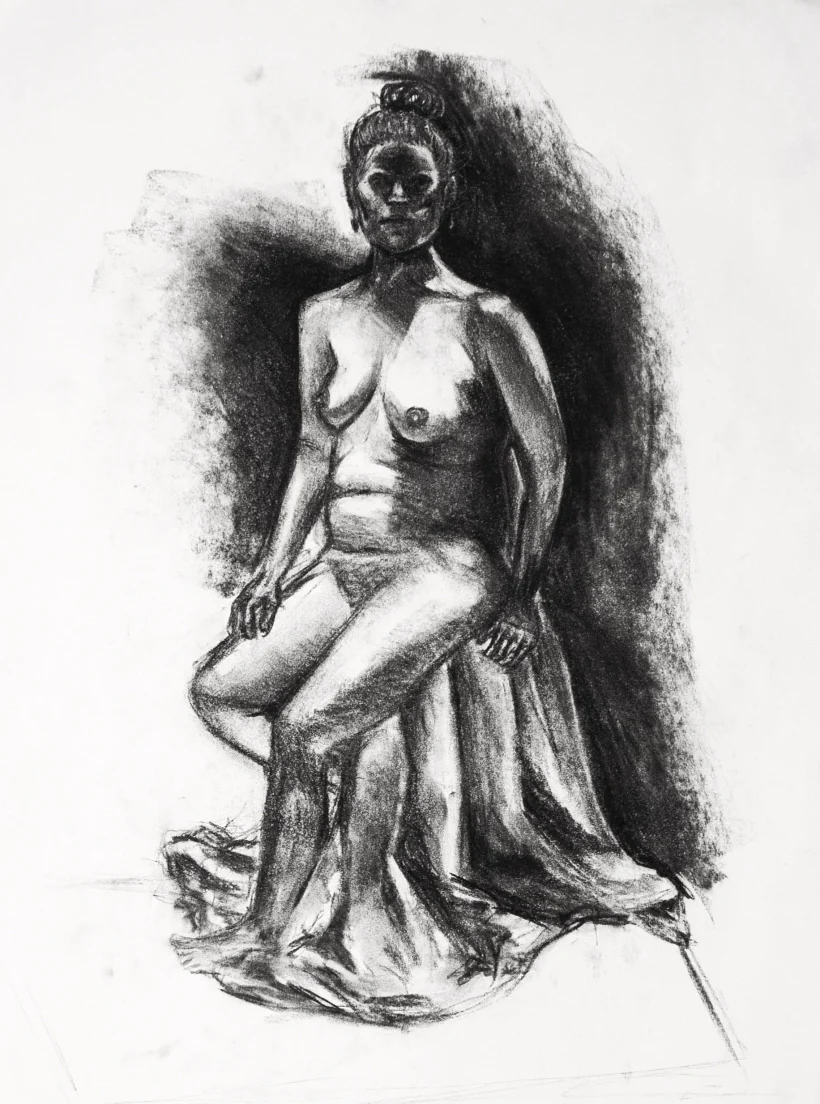 Charcoal figure study of a seated woman, her hair drawn as a dark halo of loose marks.