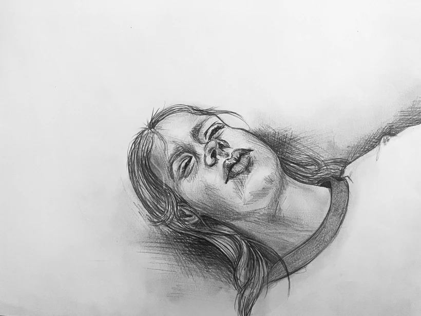 Graphite study of a reclining head, the face turned upward, drawn in fine line.
