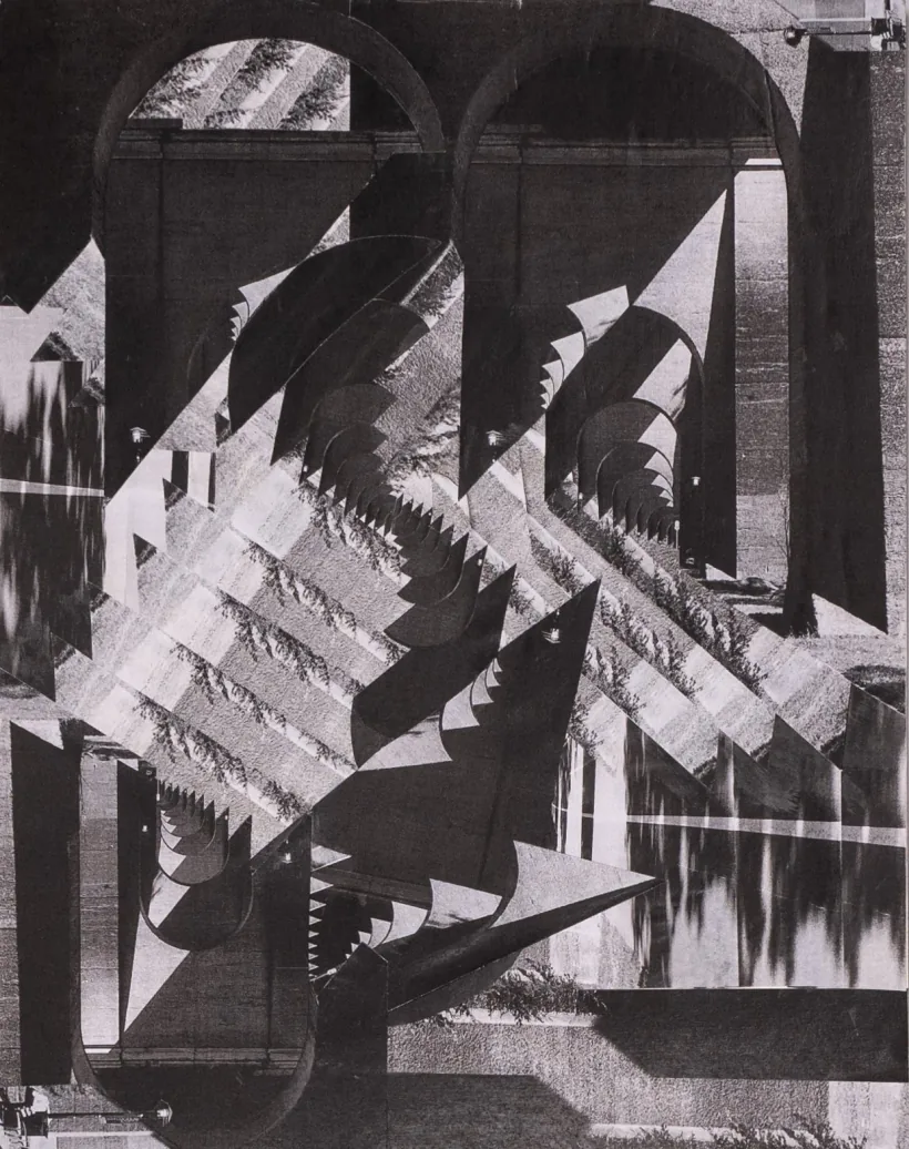 Charcoal architectural study of arches and a stair, built from angular planes of light and shadow.
